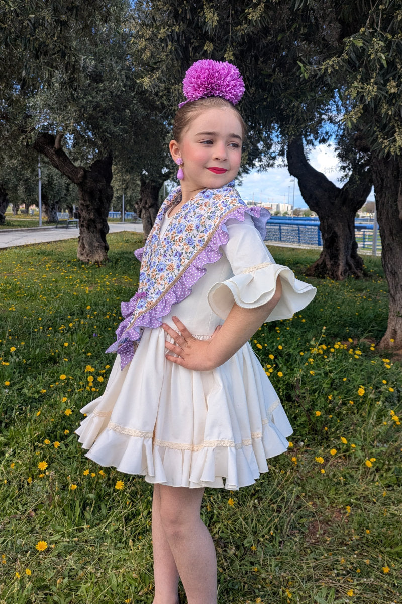 Traje Flamenca Corto Falda Marfil De Capa