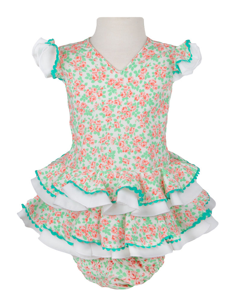 Traje de flamenca para bebe flores coral y verde MiBebesito