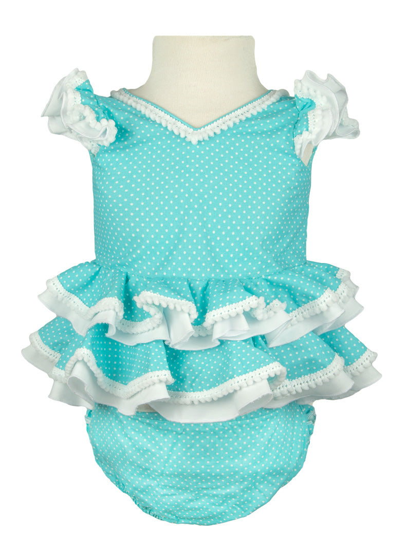 Traje de flamenca de bebé turquesa lunar blanco 1 mes