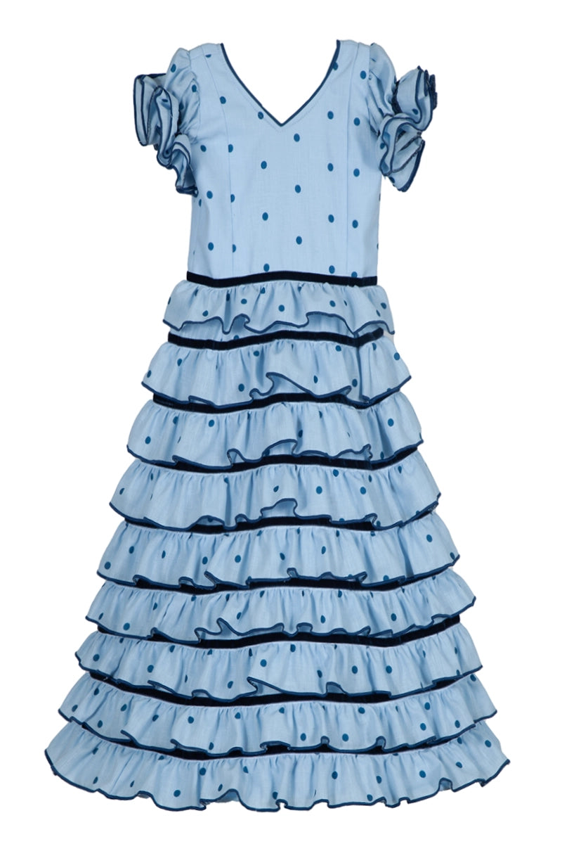 Vestido flamenca para niña capricho celeste con lazos de terciopelo MiBebesito
