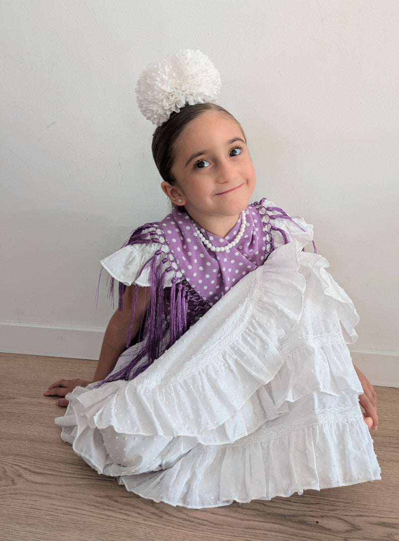 Vestido flamenca largo para niña plumeti blanco con cinta encaje blanco MiBebesito