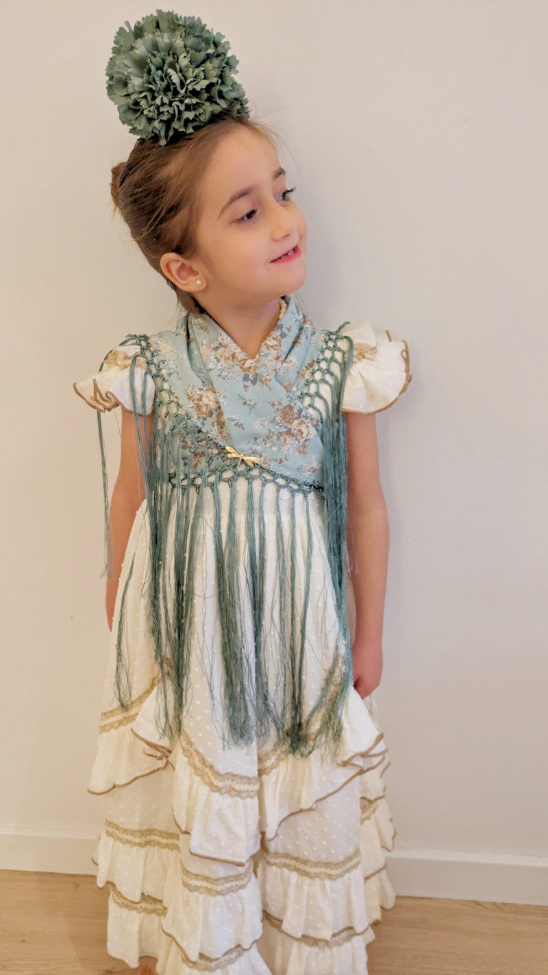 Vestido flamenca plumeti marfil con cinta encaje marfil