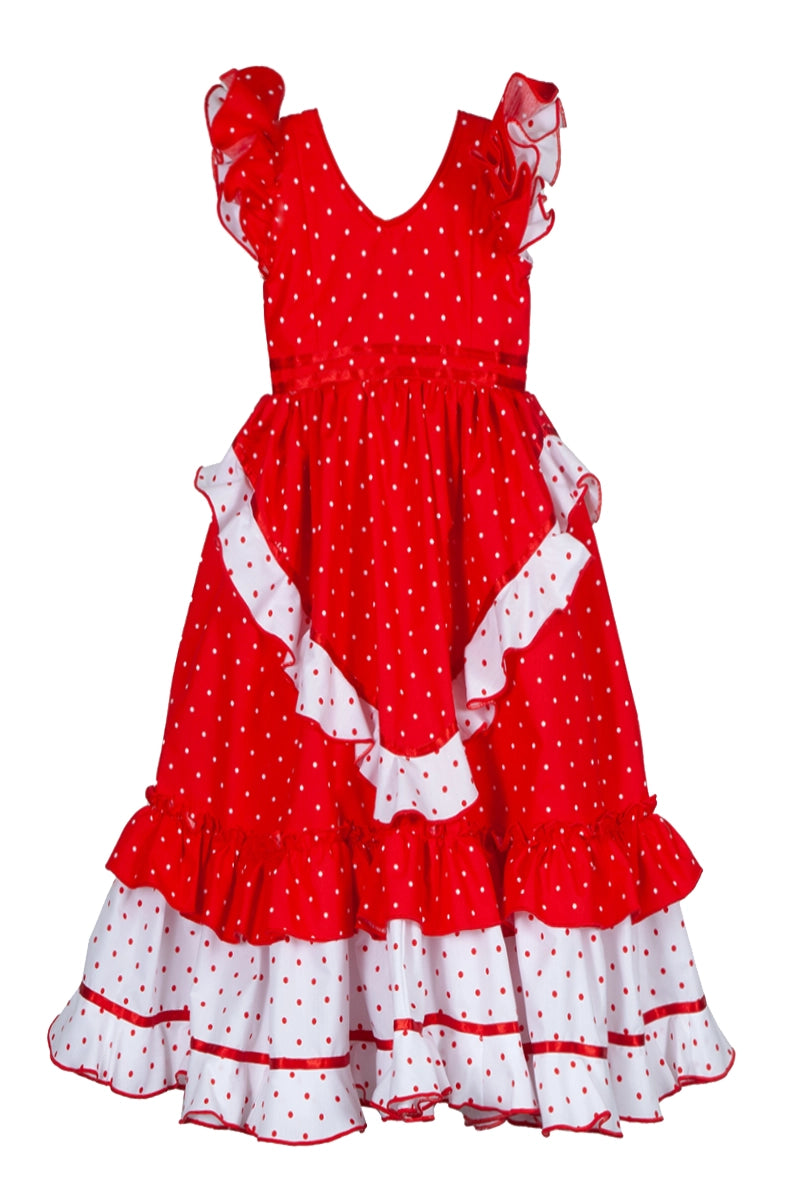 Vestido flamenca largo para niña rojo lunar blanco volante a contraste MiBebesito