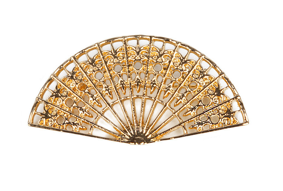 Broche flamenco en forma de abanico dorado para niña, ideal para mantoncillos en ferias y romerías - MiBebesito