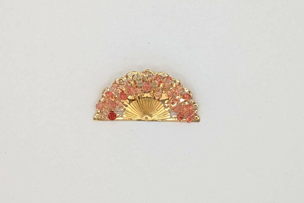 Broche flamenco en forma de abanico con piedras rosas para niña, ideal para mantoncillos en ferias y romerías - MiBebesito