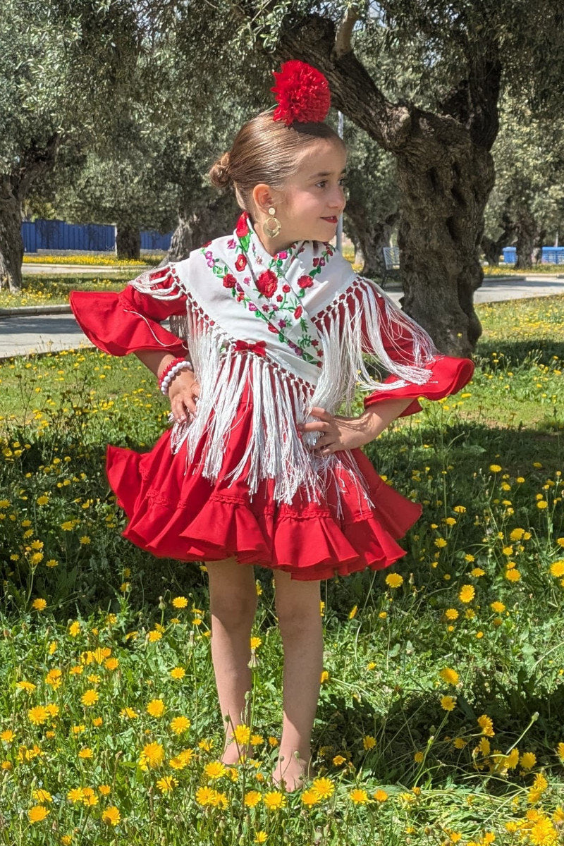 Mantoncillo flamenca para niña bordado blanco flores rojas MiBebesito