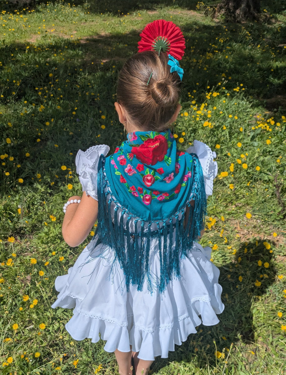 Mantoncillo de Flamenca para niña bordado color azul petróleo con flores tono rojo - MiBebesito