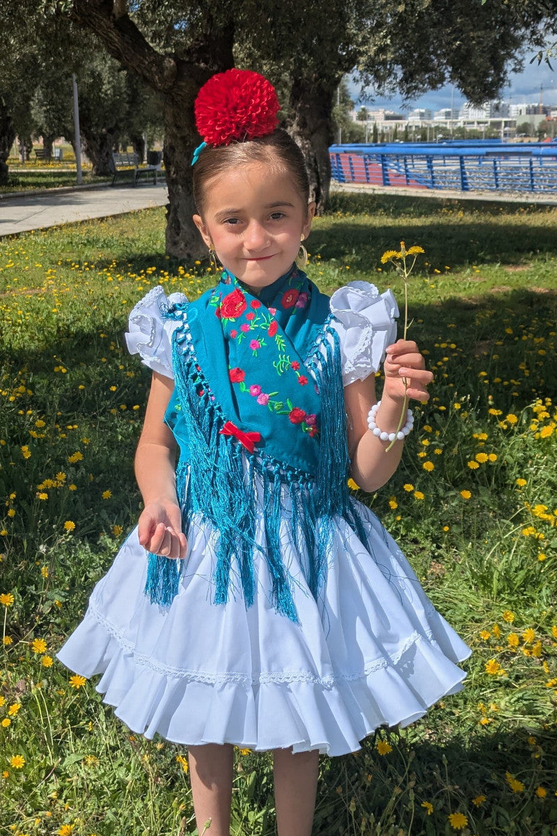 Mantoncillo de Flamenca para niña bordado color azul petróleo con flores tono rojo - MiBebesito