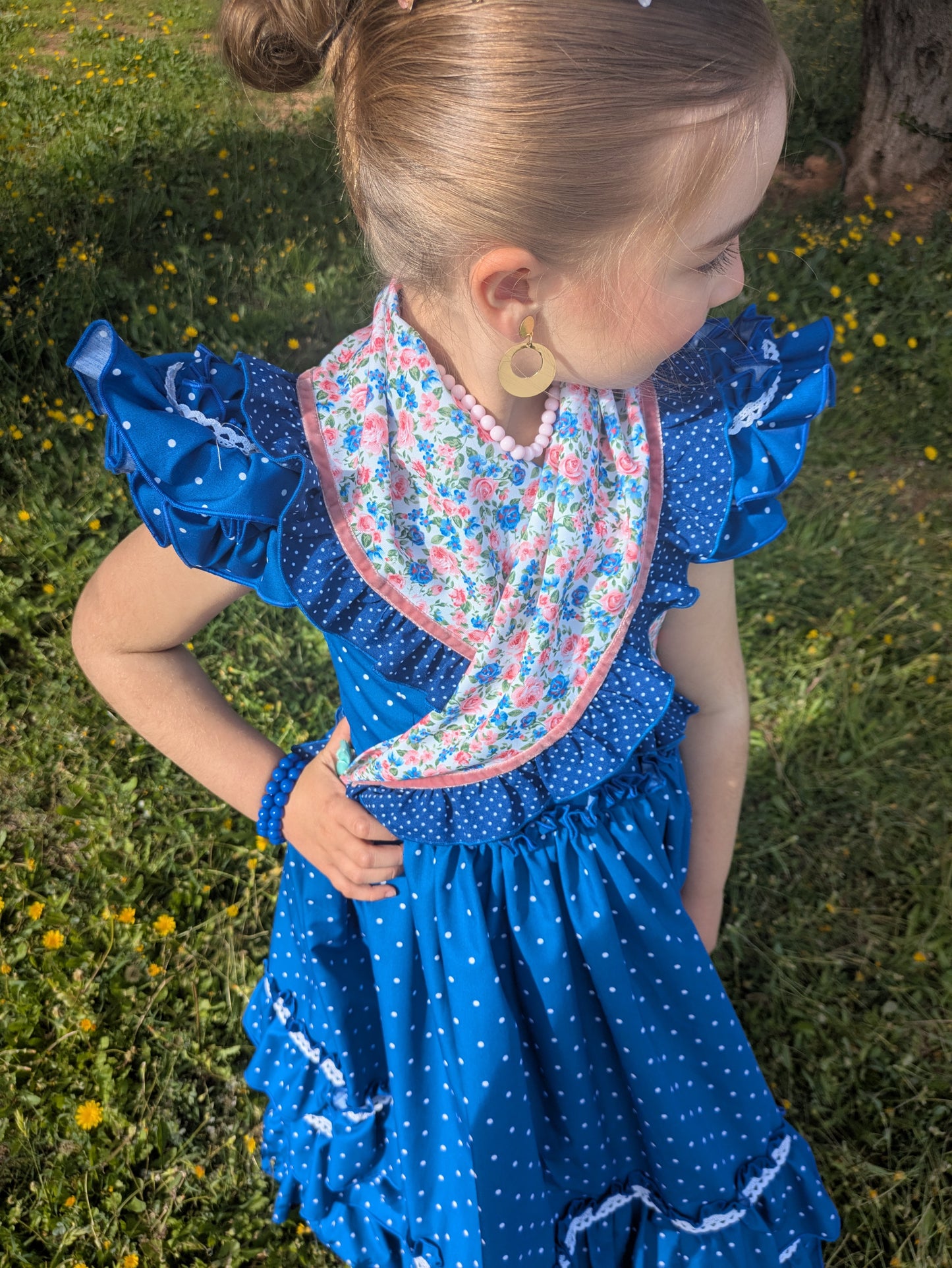 Pañoleta flamenca niña Liberty rosa y azul eléctrico