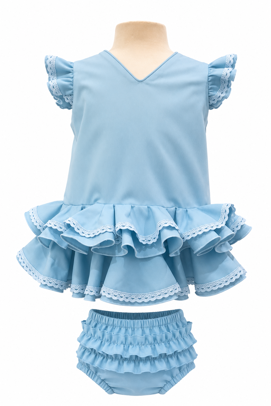 Traje flamenca bebé celeste con puntilla a tono y braguita a juego para feria - MiBebesito