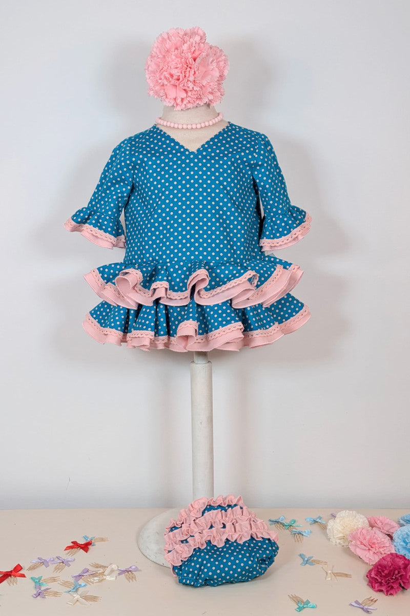 Traje flamenca bebé azul petróleo lunar rosa MiBebesito