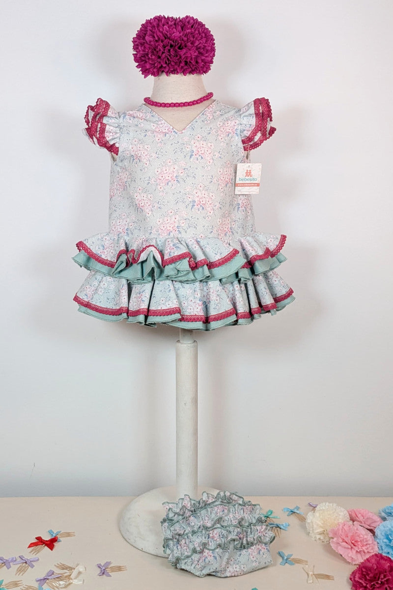 Traje flamenca bebé verde jabonoso y buganvilla MiBebesito