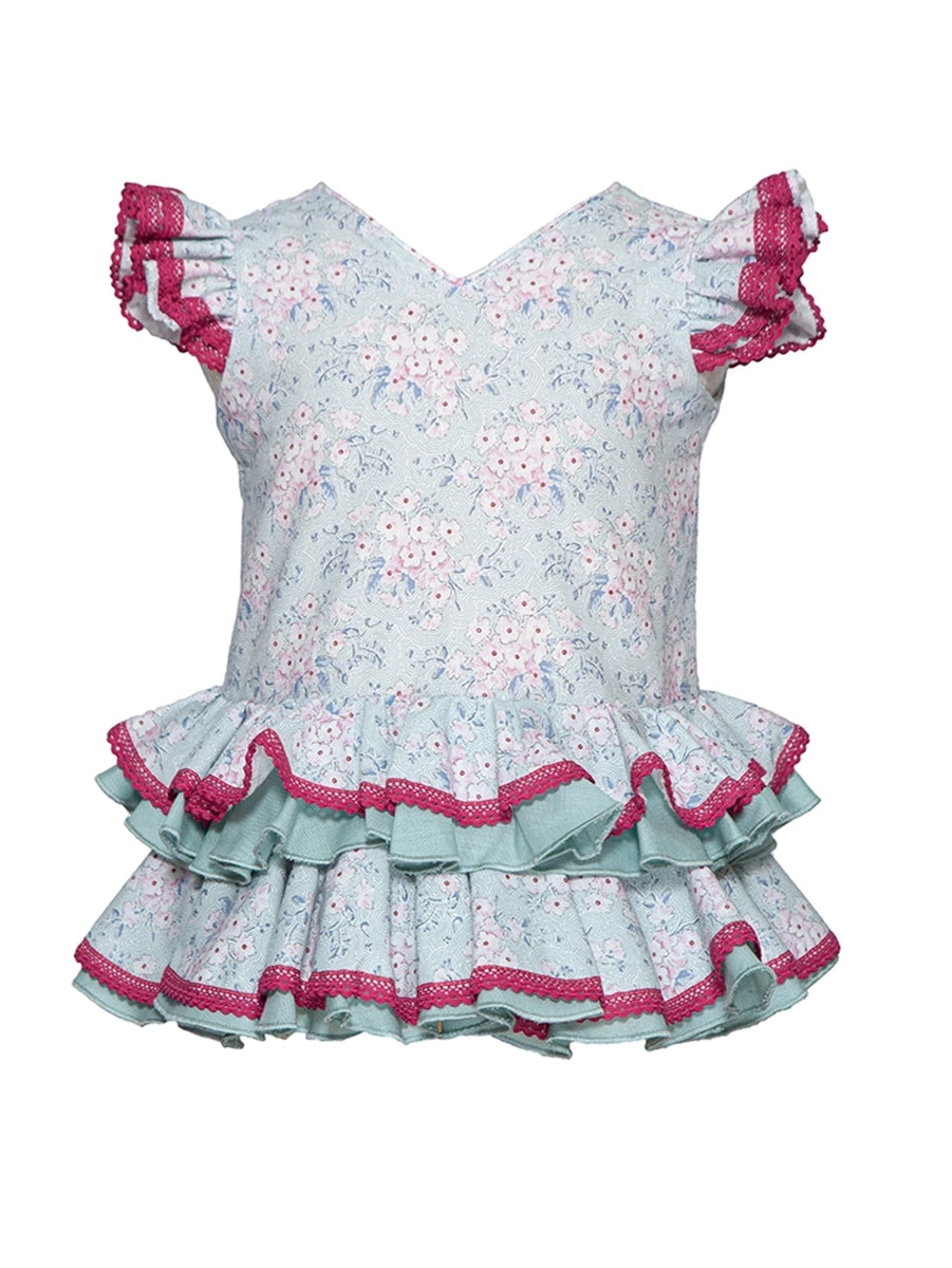 Traje flamenca bebé verde jabonoso y buganvilla MiBebesito