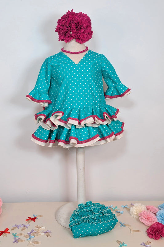 Traje de flamenca bebé verde agua y buganvilla MiBebesito