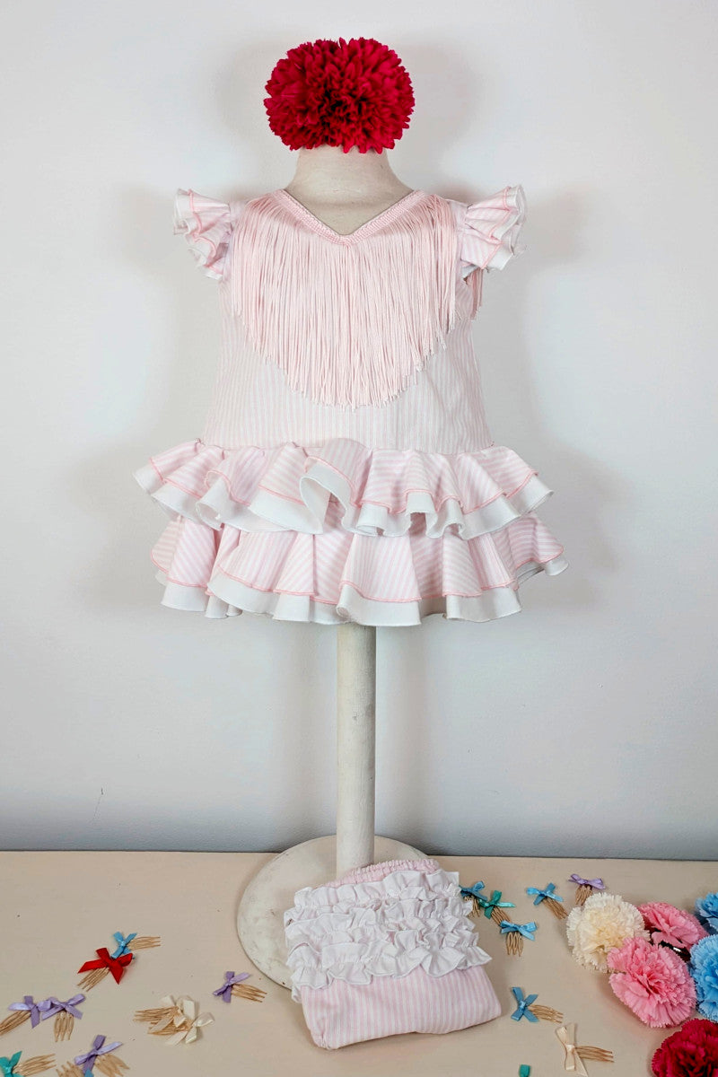 Traje flamenca bebé rayas rosa y blanco MiBebesito