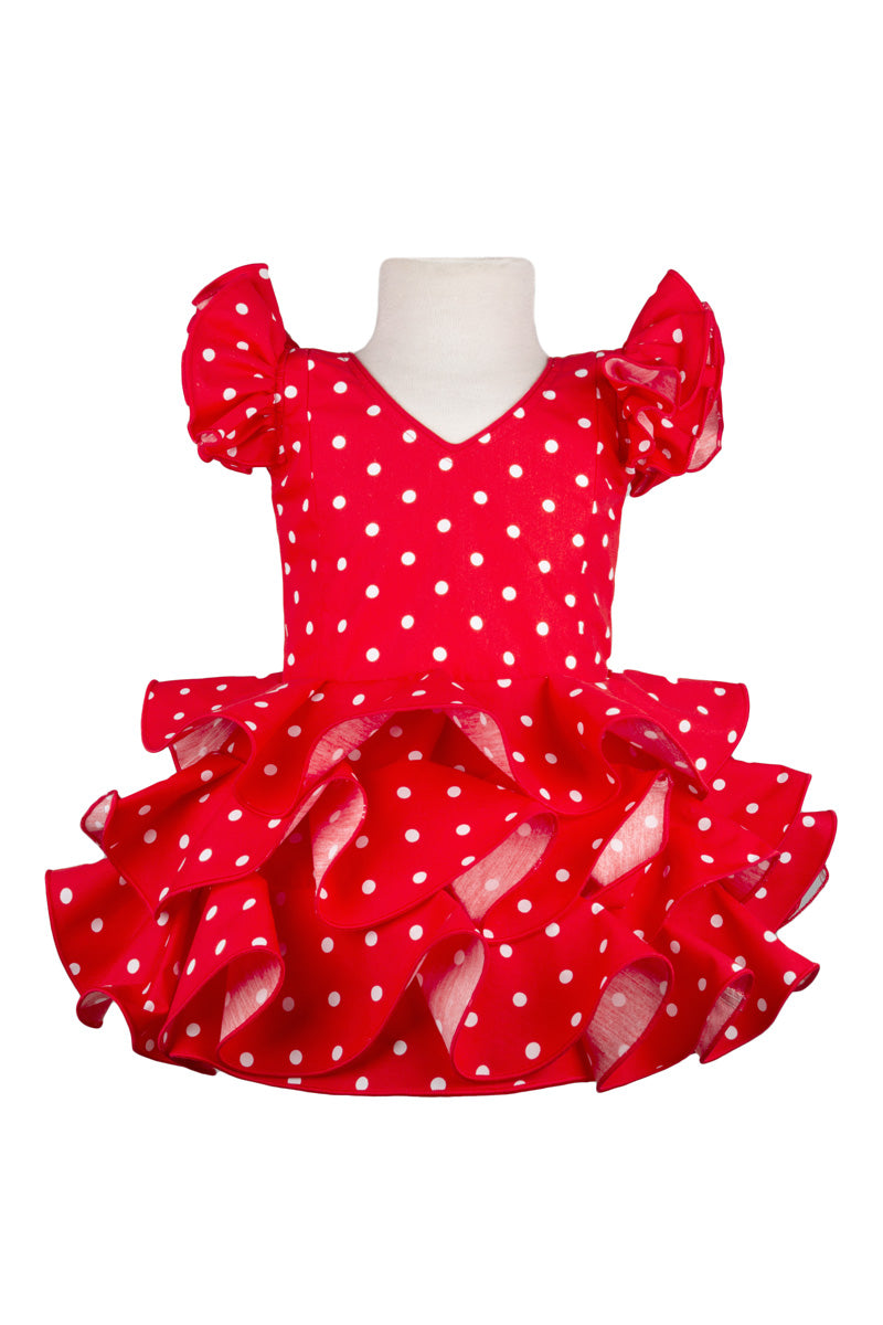 Vestido de flamenca corto niña rojo lunar blanco