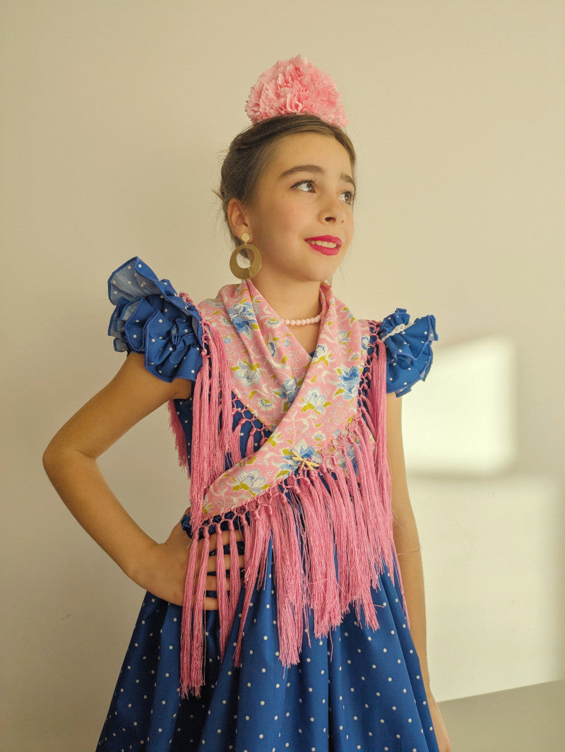 Vestido flamenca largo para niña azul eléctrico lunar blanco MiBebesito