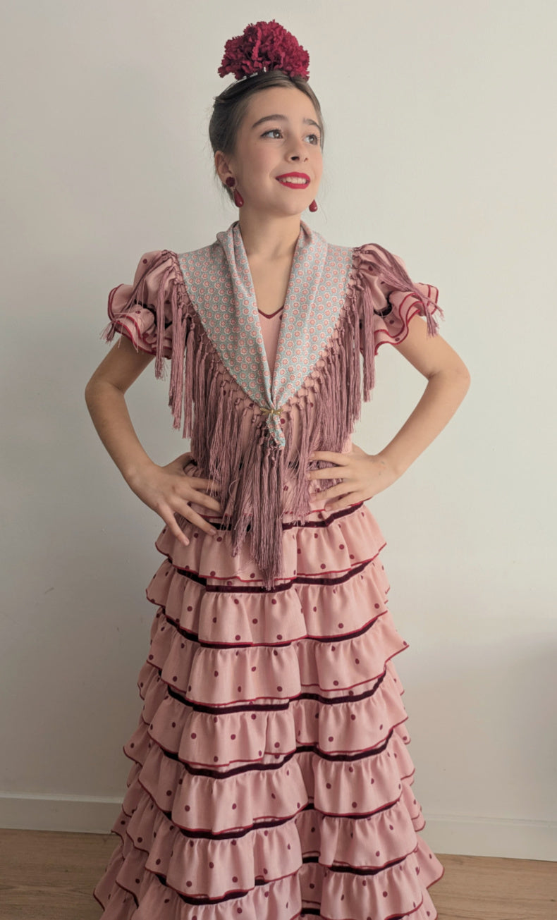 Vestido flamenca para niña capricho rosa maquillaje con lazos de terciopelo MiBebesito