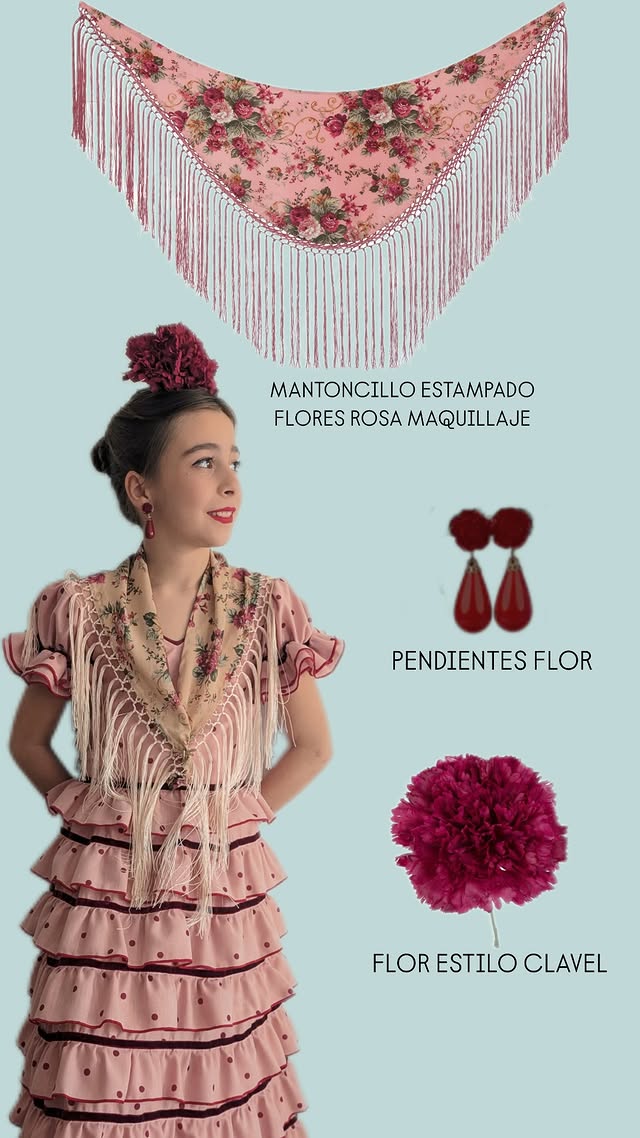 Vestido flamenca para niña capricho rosa maquillaje con lazos de terciopelo MiBebesito