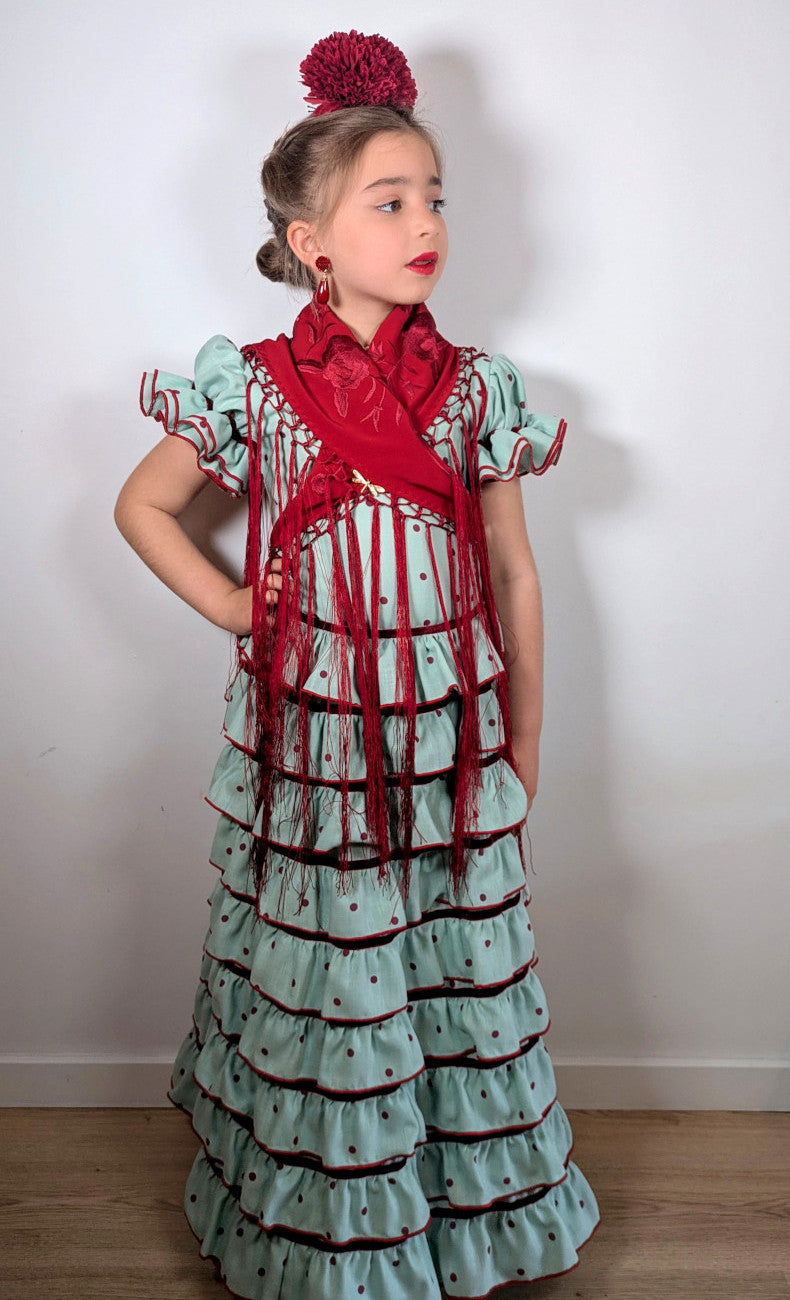 Vestido flamenca para niña capricho verde con lazos de terciopelo MiBebesito