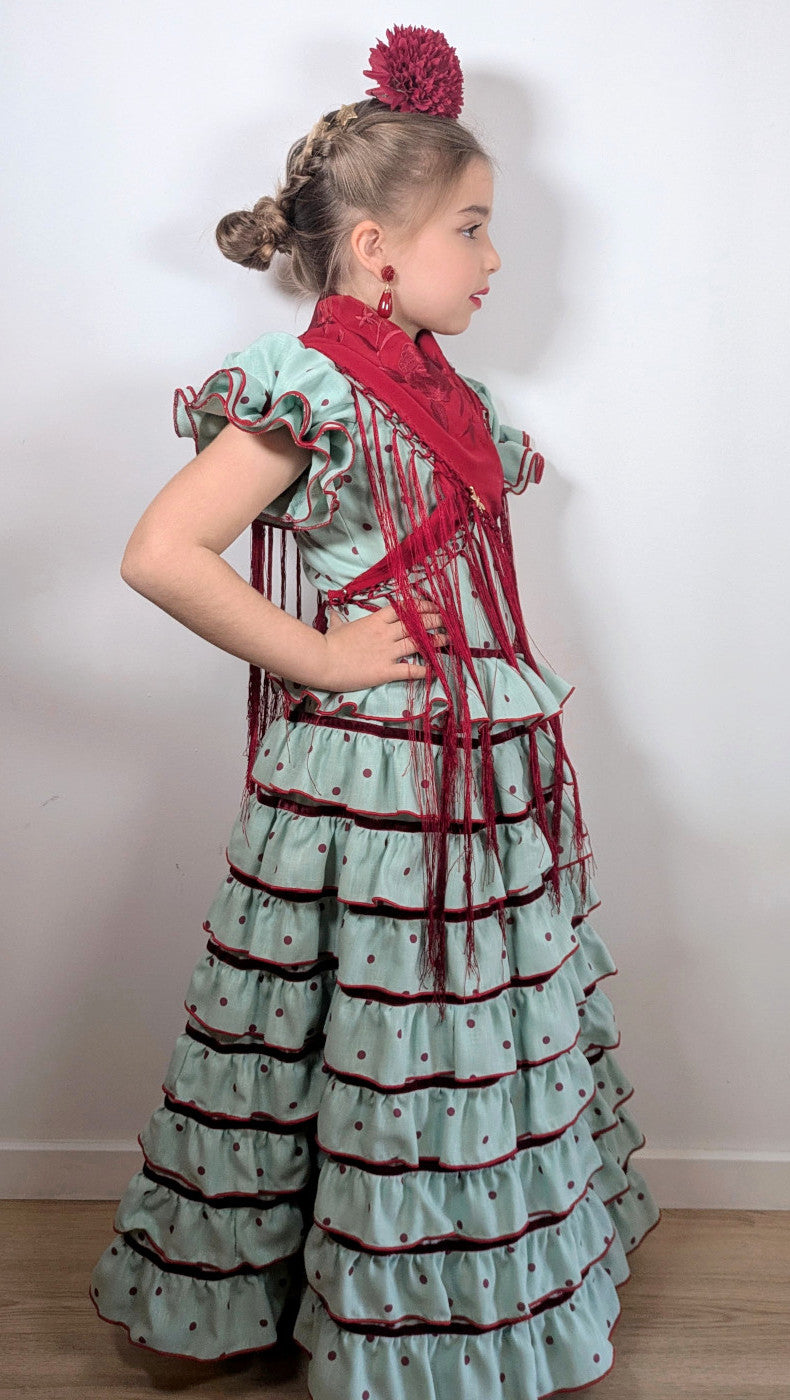 Vestido flamenca para niña capricho verde con lazos de terciopelo MiBebesito