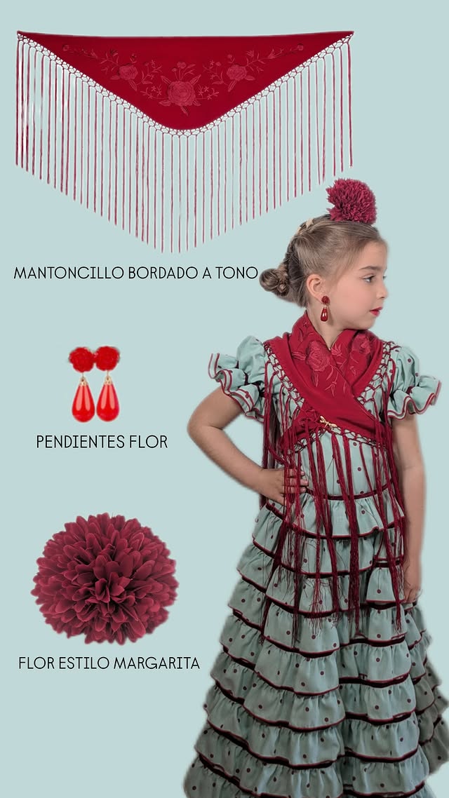 Vestido flamenca para niña capricho verde con lazos de terciopelo MiBebesito