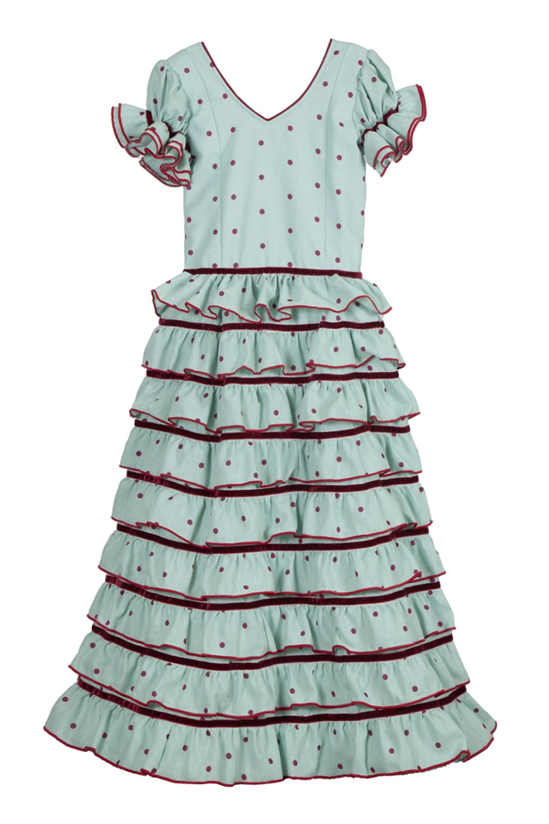 Vestido flamenca para niña capricho verde con lazos de terciopelo MiBebesito