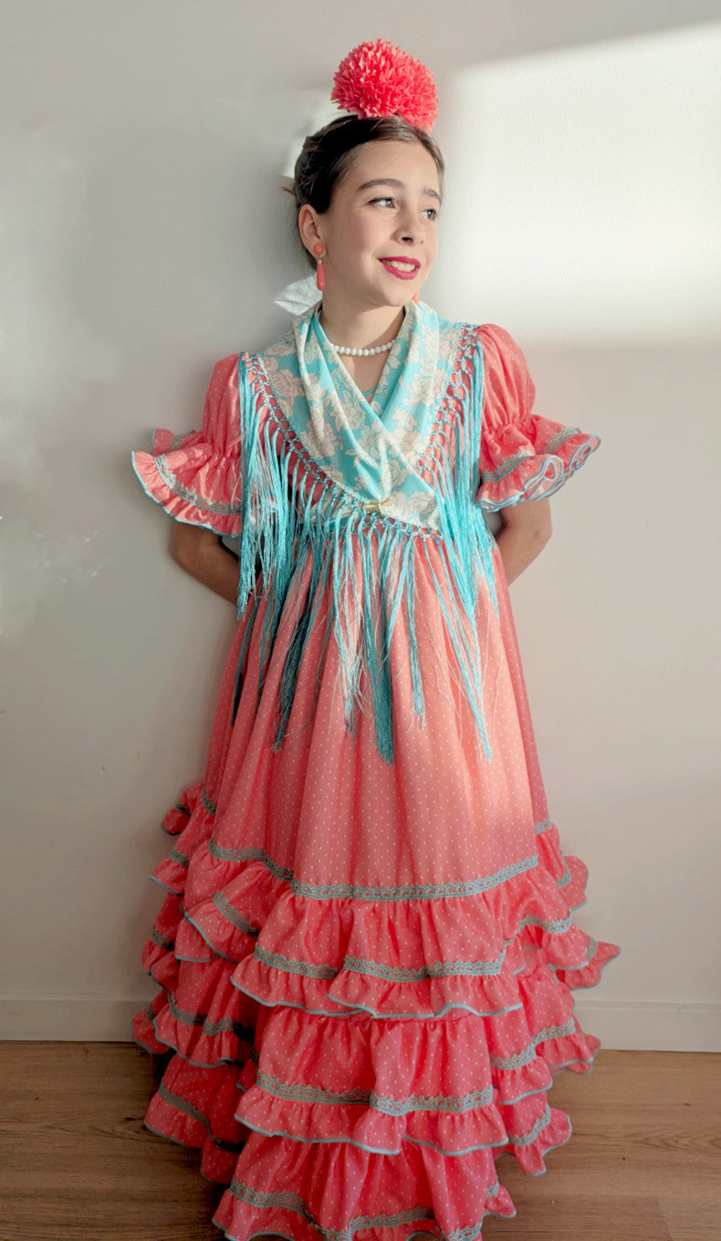 Vestido de flamenca para niña coral lunar blanco contraste verde agua MiBebesito