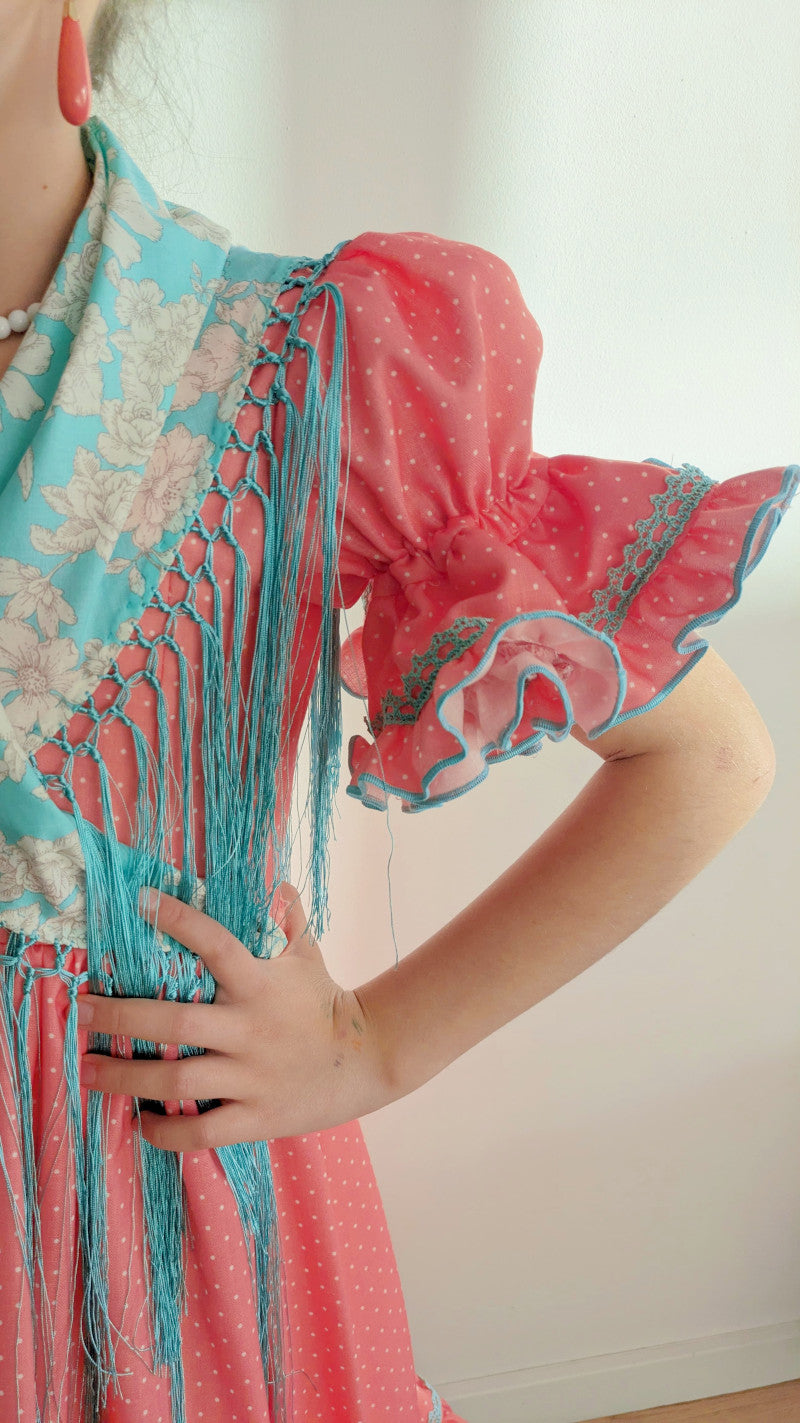 Vestido de flamenca para niña coral lunar blanco contraste verde agua MiBebesito