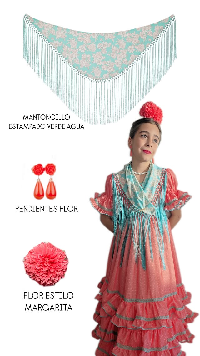 Vestido de flamenca para niña coral lunar blanco contraste verde agua MiBebesito