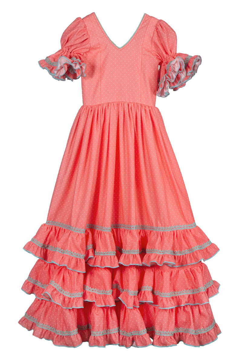 Vestido de flamenca para niña coral lunar blanco contraste verde agua MiBebesito