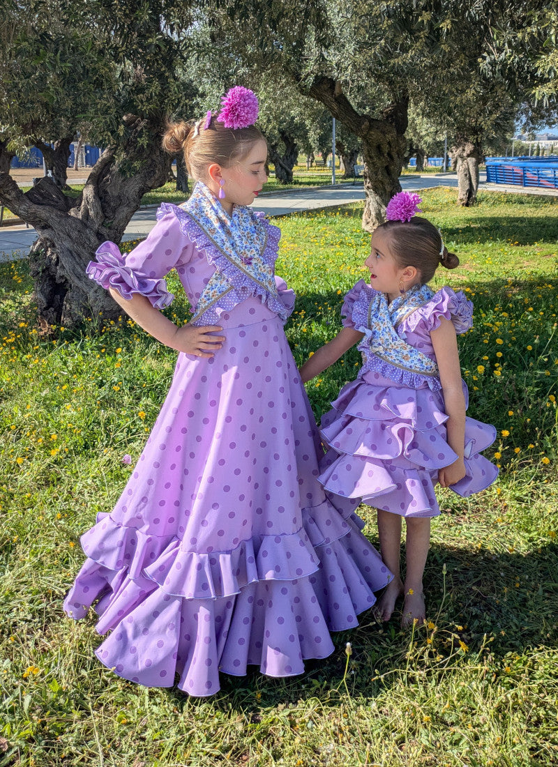 Vestido de flamenca corto malva lunar a tono MiBebesito