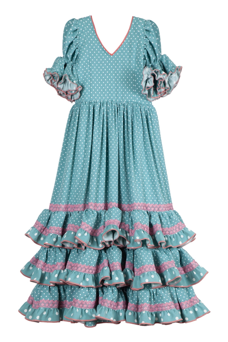 Vestido de flamenca largo para niña verde azulado lunar blanco contraste rosa maquillaje MiBebesito