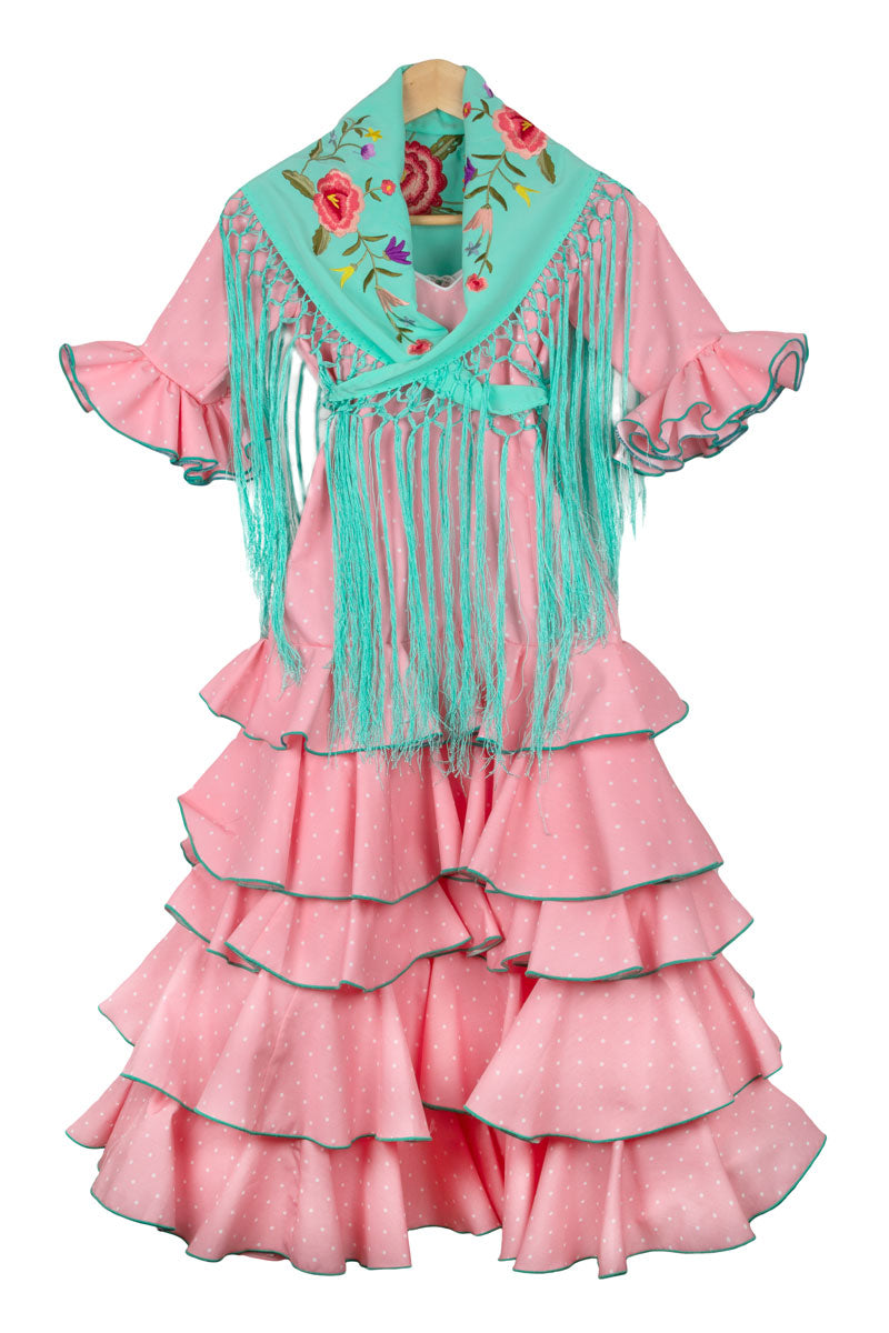 Vestido de flamenca largo rosa bebé lunar blanco niña