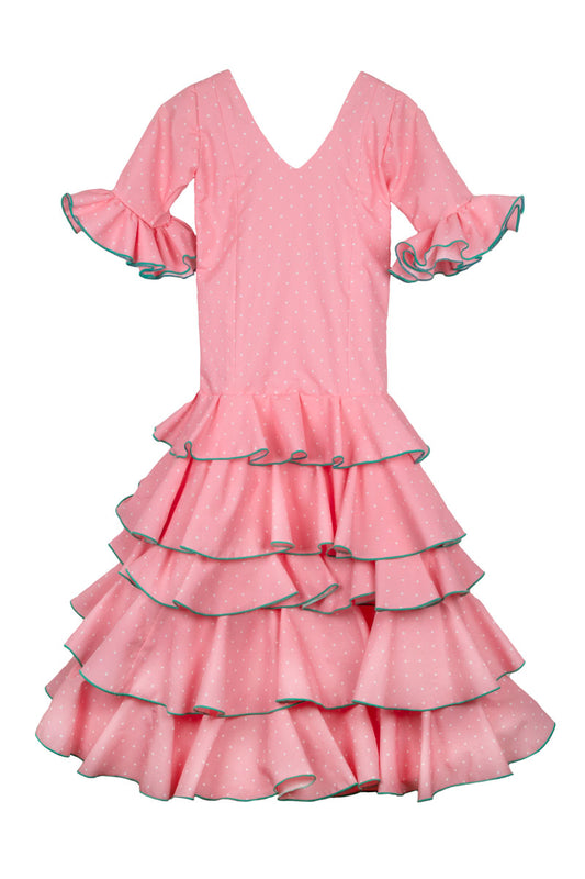 Vestido de flamenca largo rosa bebé lunar blanco niña