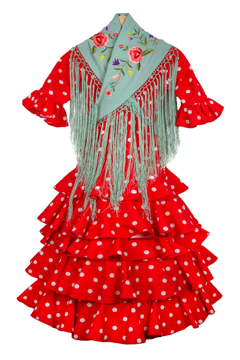 Vestido de flamenca largo rojo lunar blanco niña