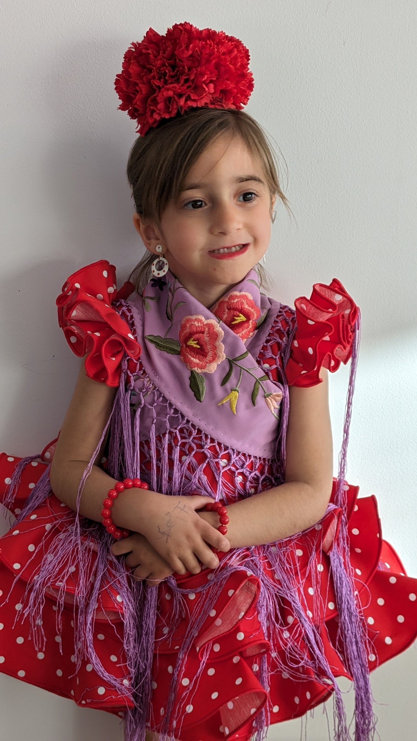 Vestido de flamenca corto niña rojo lunar blanco