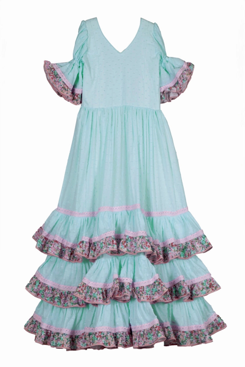 Vestido de flamenca para niña plumeti agua marina y liberty MiBebesito