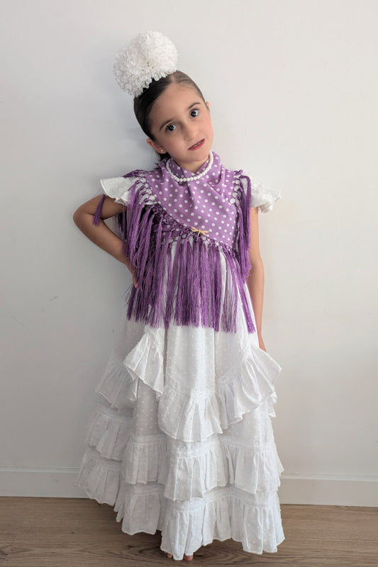 Vestido flamenca largo para niña plumeti blanco con cinta encaje blanco MiBebesito