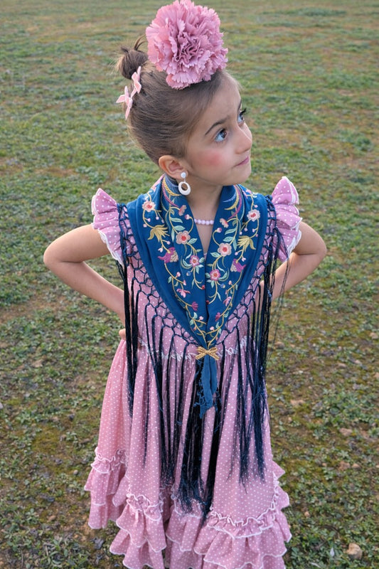 Mantoncillo bordado pájaros azul petróleo