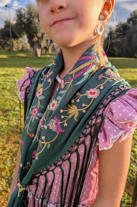 Mantoncillo bordado pájaros verde oscuro