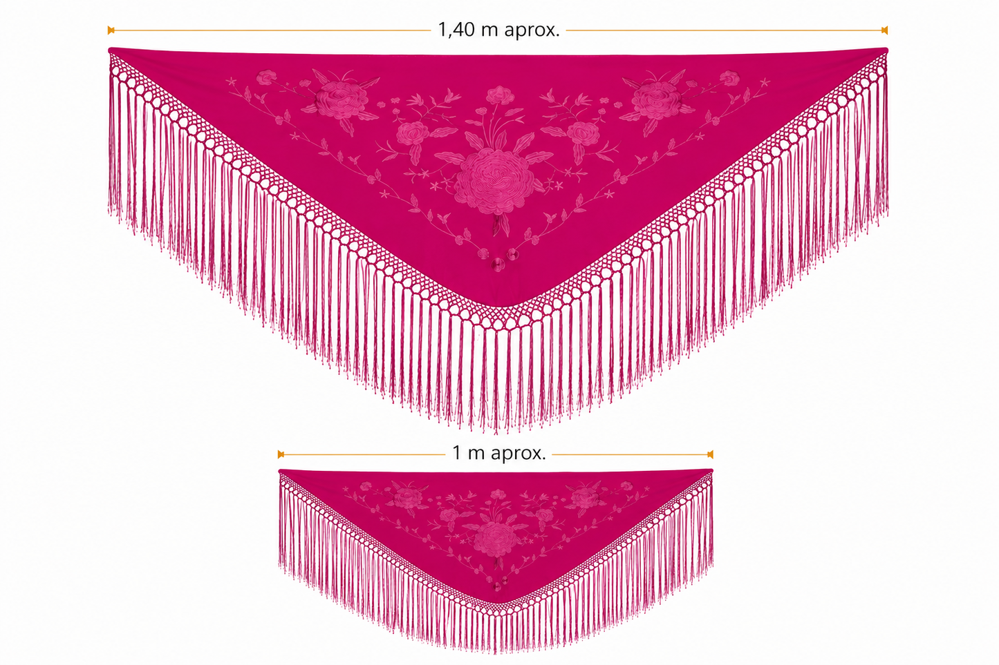 Pack de mantoncillos de flamenca para mujer y niña color fucsia a tono con bordado floral y fleco largo.