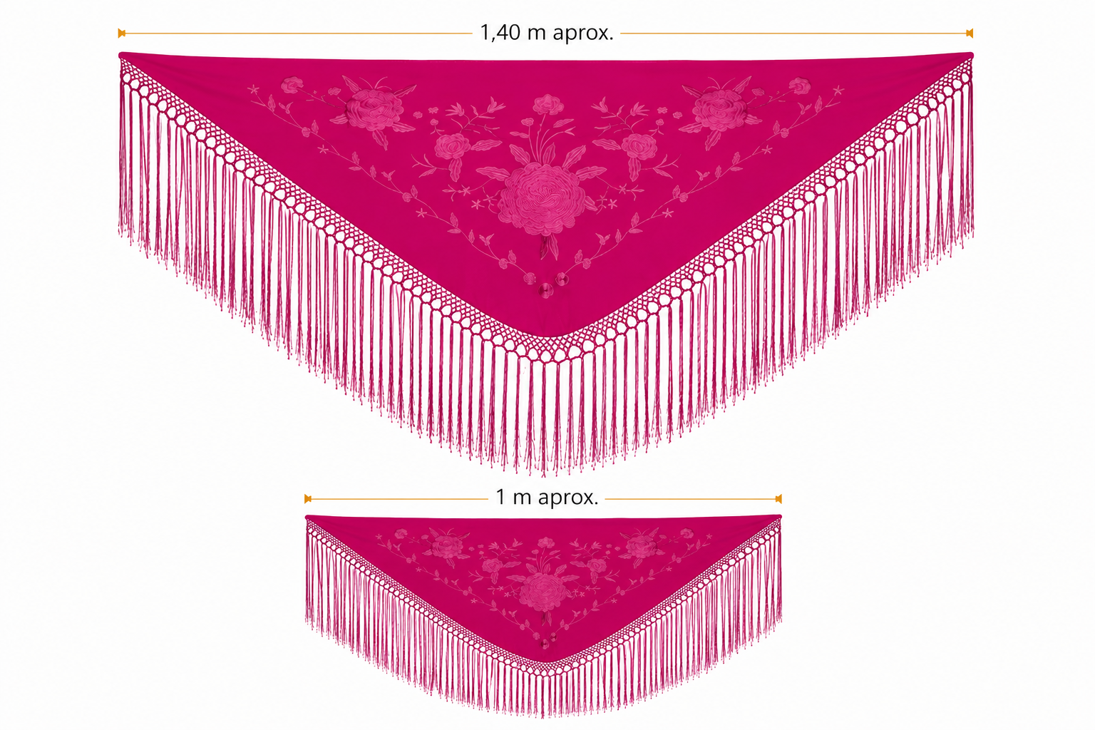 Pack de mantoncillos de flamenca para mujer y niña color fucsia a tono con bordado floral y fleco largo.