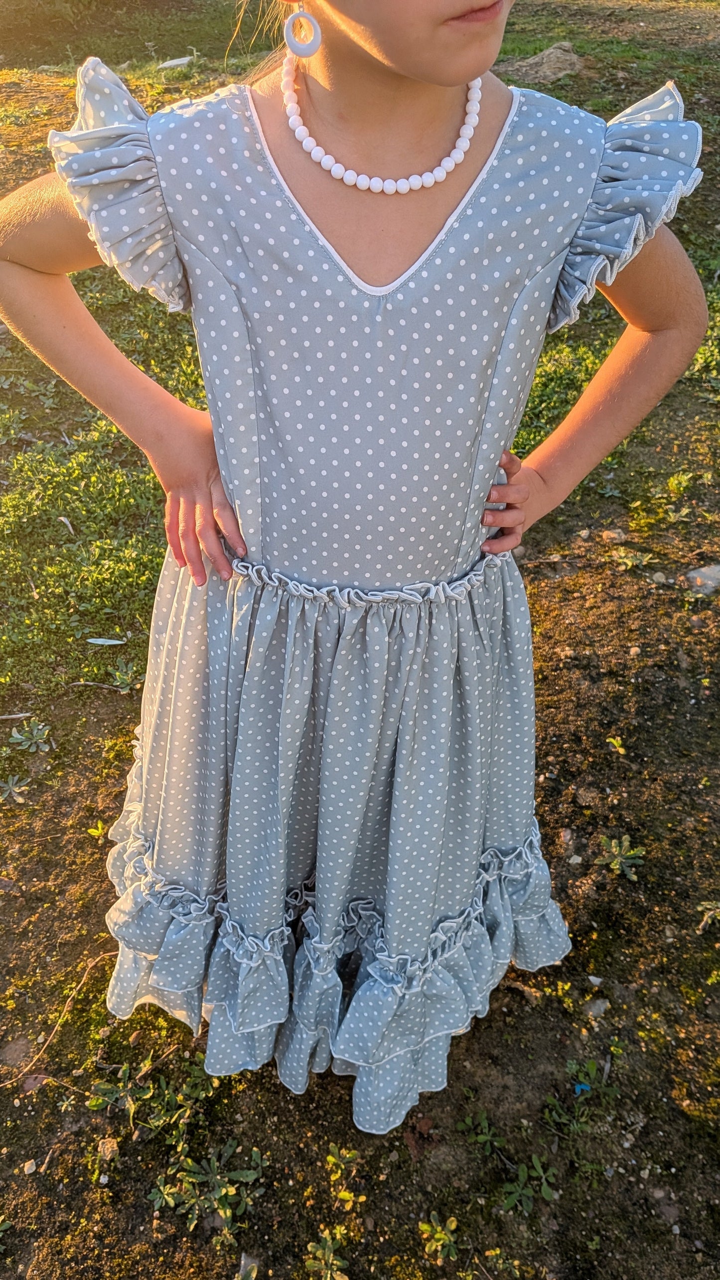 Vestido Flamenca Largo Niña Verde Empolvado Lunar Blanco