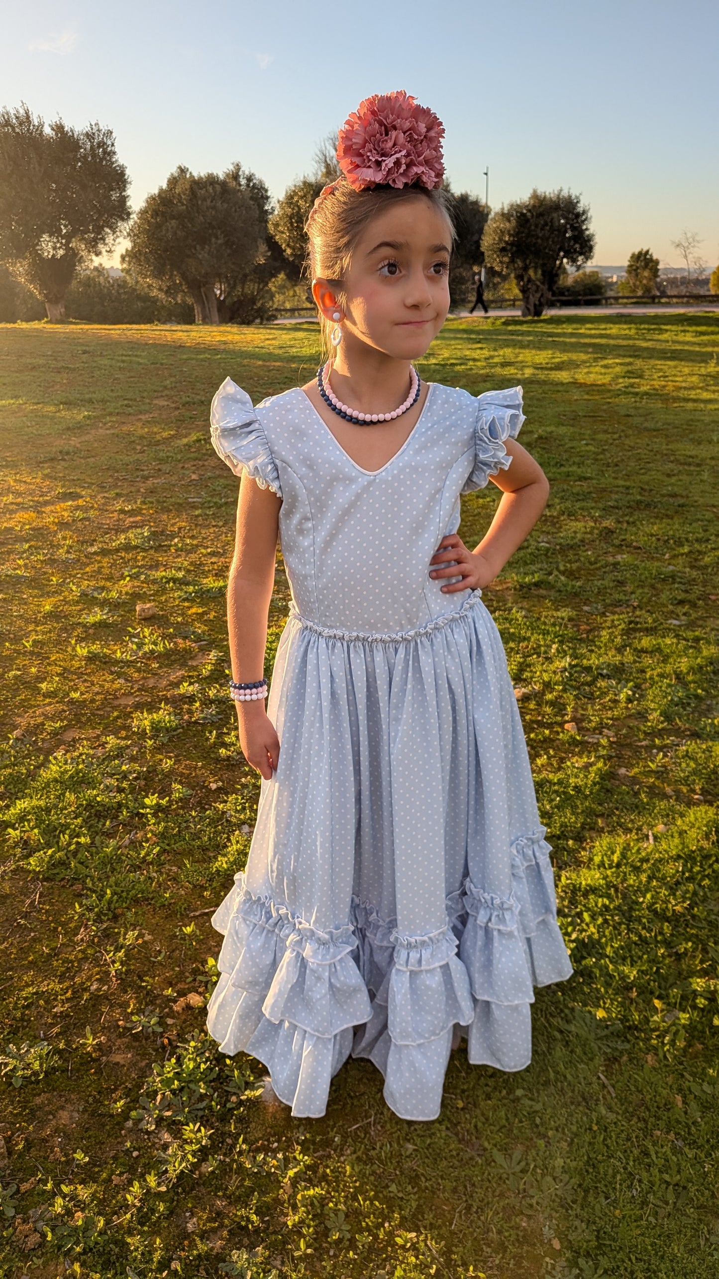 Vestido Flamenca Niña Celeste Lunar Blanco