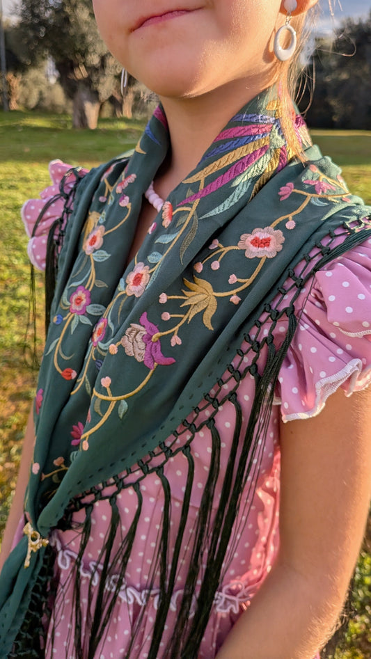 Mantoncillo bordado pájaros verde oscuro