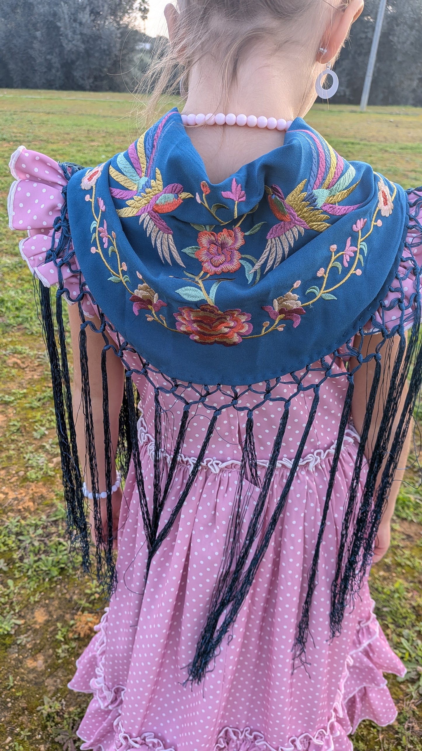 Mantoncillo bordado pájaros azul petróleo