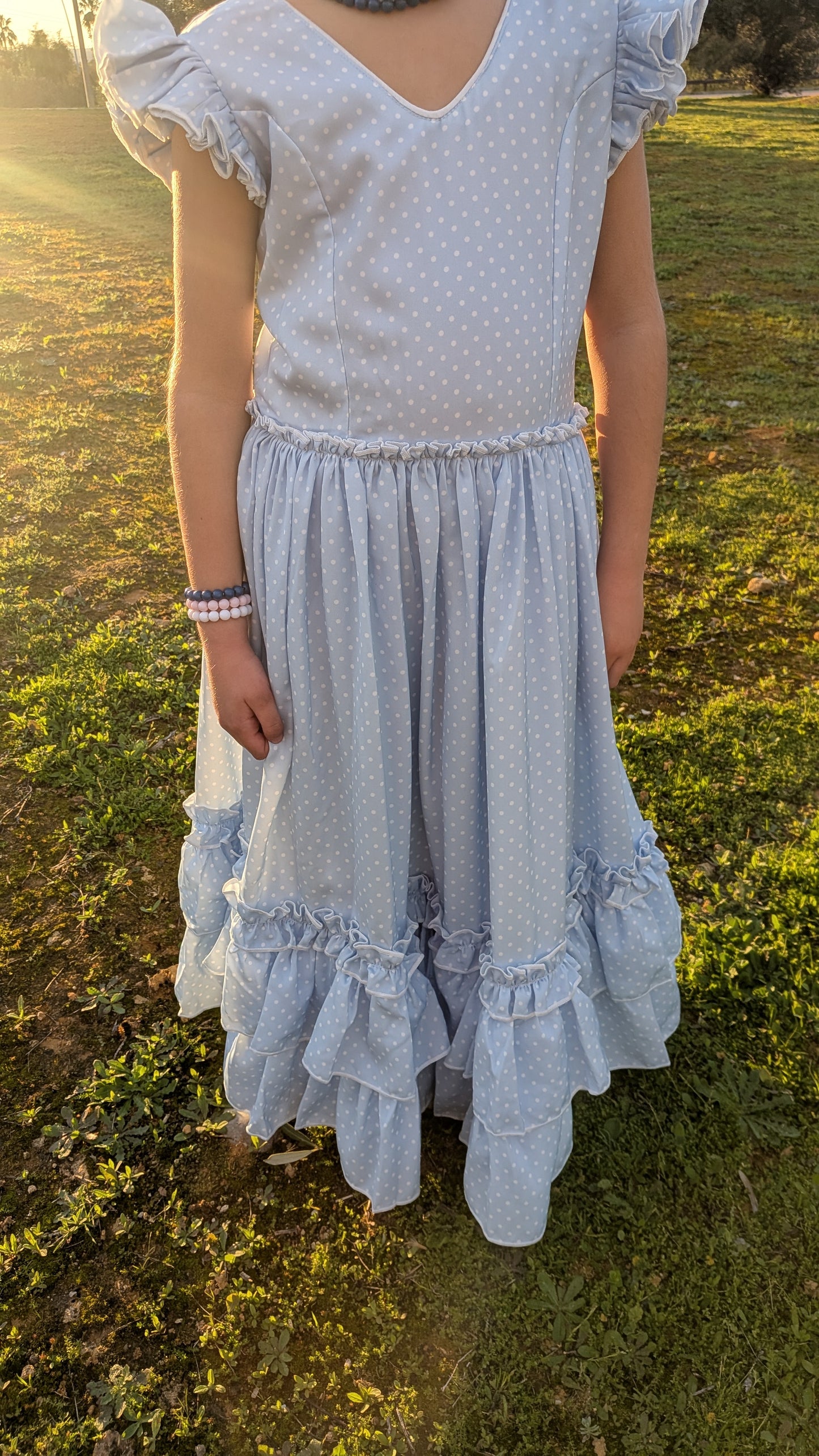 Vestido Flamenca Niña Celeste Lunar Blanco