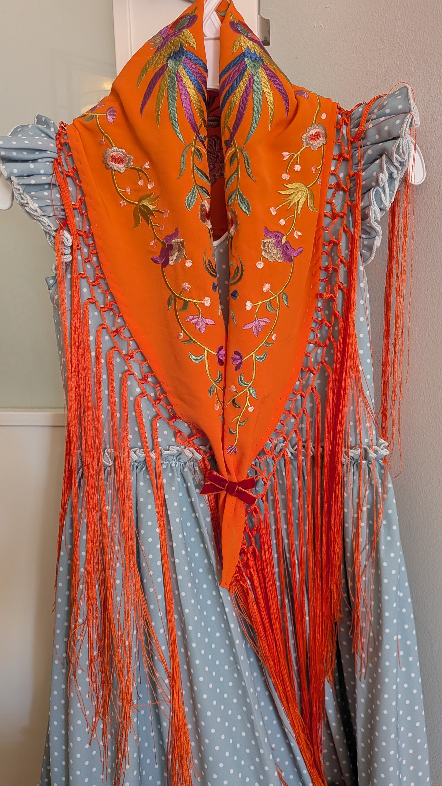 Vestido Flamenca Largo Niña Verde Empolvado Lunar Blanco