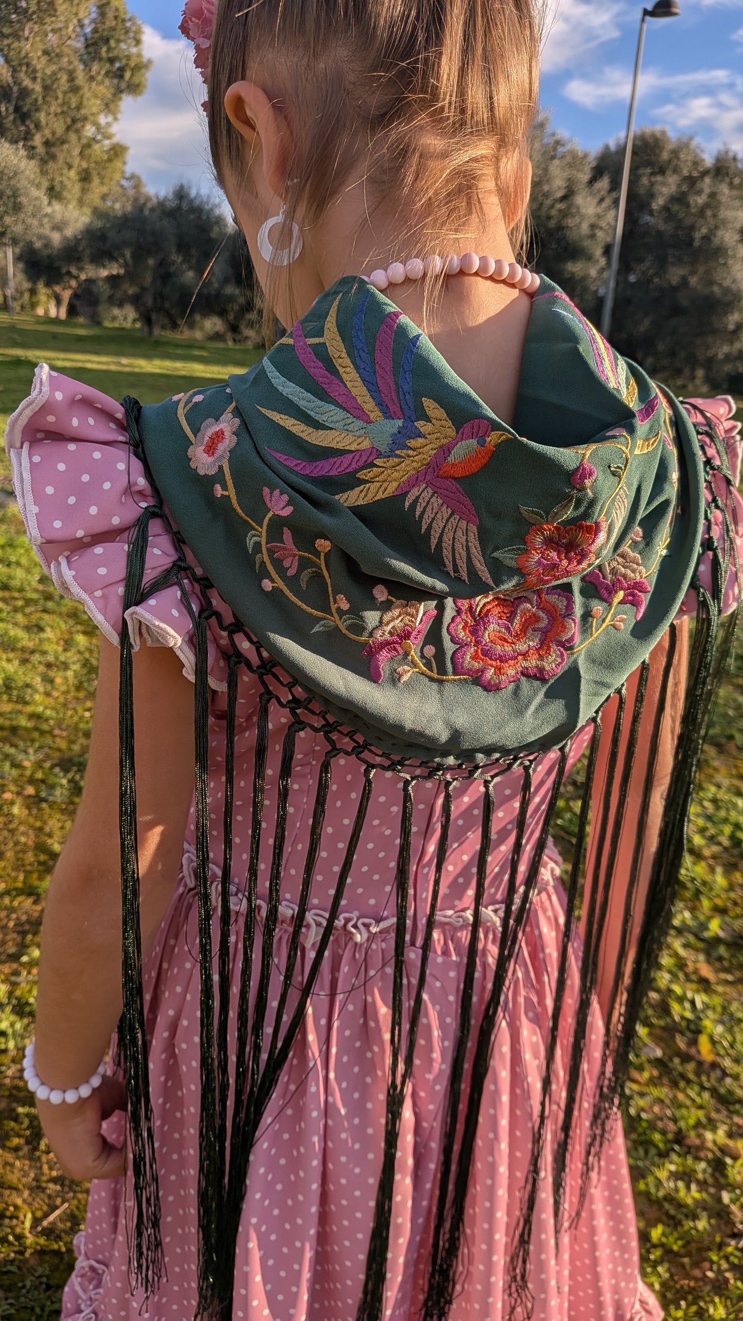 Mantoncillo bordado pájaros verde oscuro